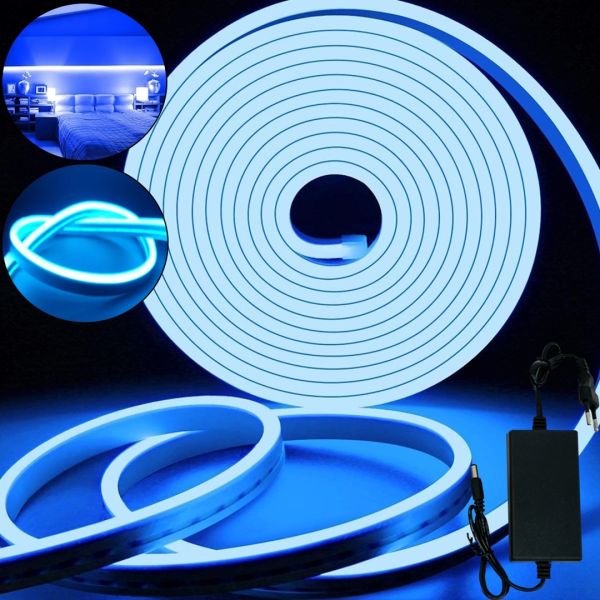 Світлодіодна силіконова стрічка Led Neon 0740 синя 5 м неонова гнучка підсвітка в силіконі з блоком живлення від мережі 3000К IP65 12v-220v Blue