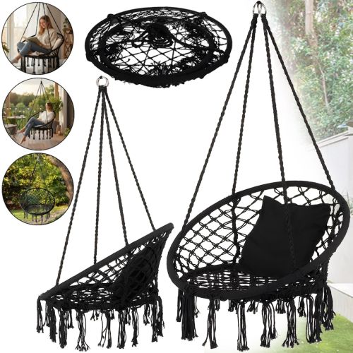 Підвісне крісло-гойдалка Outtec Boho XXL O-66487 120x80x60 см плетена садова гойдалка, бразильський гамак для дому та тераси до 150 кг Чорний