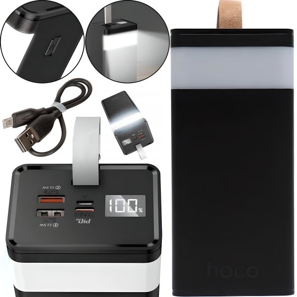Зовнішній акумулятор з швидкою зарядкою Power Bank Hoco J86 40000mah 22.5 W, Портативна батарея повербанк Хоко 18w з ліхтариком і ремінцем Чорний