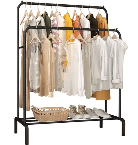 Двойная стойка вешалка Double Floor Hanger 162х130 см для одежды и полкой для обуви, напольная стойка-вешалка со штангой на ножках до 30 кг Черная