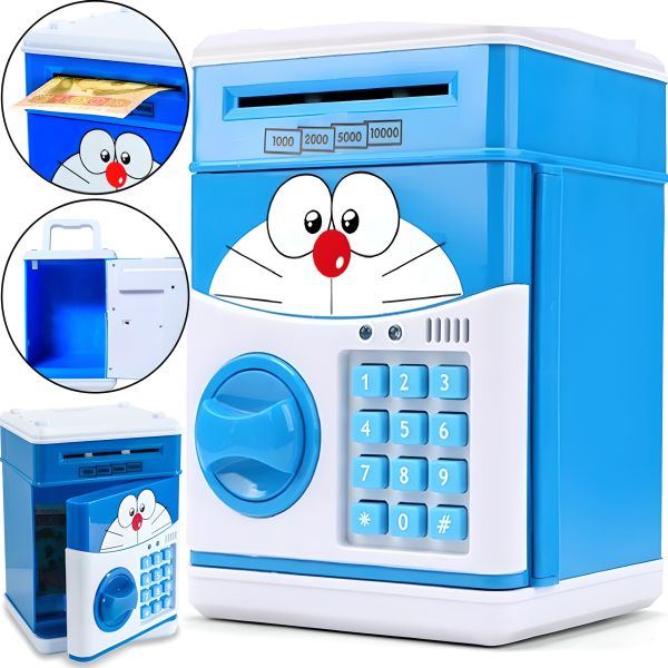 Дитяча електронна скарбничка сейф Cat Doraemon з купюроприймачем для грошей з кодовим замком електросейф з пін-кодом для купюр і монет для дітей синя