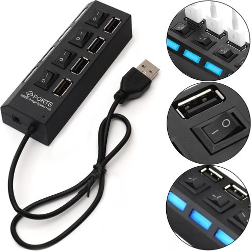 USB хаб Memos на 4 порти з перемикачами Black, живлення від USB 2.0 розгалужувач з кнопками on off концентратор перехідник HUB 480 Мбіт 5В Чорний