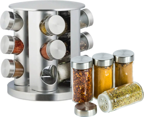 Карусель для специй Spice Carousel R62-12 на 12 отсеков на вращающейся подставке. Стальной набор, подставка, баночки для специй на 12 емкостей