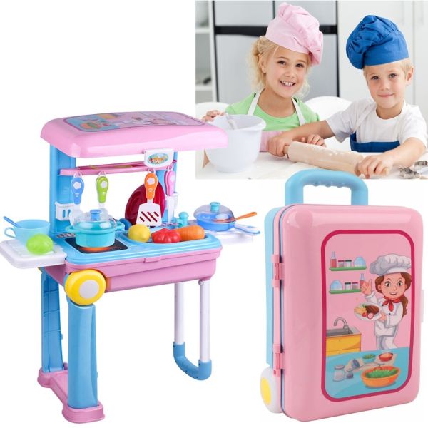 Дитячий розвиваючий ігровий набір кухня Happy Chef 2в1, велика дитяча кухня у валізі на колесах 678-206a