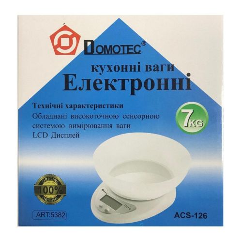 Електронні кухонні ваги Domotec MS - 126 з чашею до 7 кг ACS-126 / Matarix MX-407, кулінарні ваги Домотек для продуктів на батарейках білі