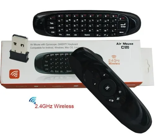 Беспроводная аэромышь C120 RuS с клавиатурой Air mouse с гироскопом, Универсальный USB пульт русская раскладка мини клавиатура на батарейках Черная