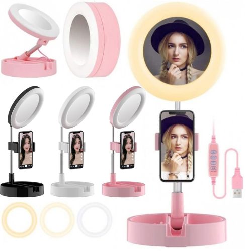 Настільна кільцева USB LED лампа з дзеркалом Live Makeup G3 16см 6 " для макіяжу на ніжці тримачем телефону Світлодіодна косметичне з підсвічуванням