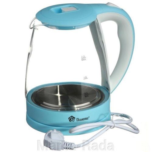Скляний електрочайник Domotec MS-8214 Sky Blue 2200W 2.2 л, чайник електричний з кольоровою rgb підсвіткою