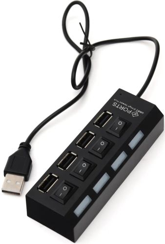 USB хаб Memos на 4 порти з перемикачами Black, живлення від USB 2.0 розгалужувач з кнопками on off концентратор перехідник HUB 480 Мбіт 5В Чорний