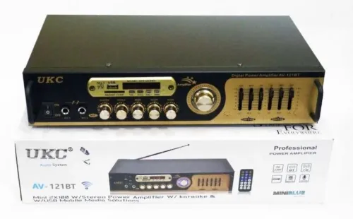 Стерео підсилювач потужності звуку UKC AV-121BT 200W, П'ятиканальний портативний стереопідсилювач з караоке на 2 Мікрофони, FM радіо і Bluetooth USB