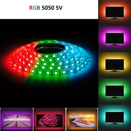 Универсальная светодиодная лента SMD 5050-RGB для подсветки телевизора 2м Разноцветная, Неоновая LED подсветка с пультом от USB повербанка