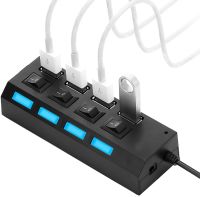 USB хаб Memos на 4 порти з перемикачами Black, живлення від USB 2.0 розгалужувач з кнопками on off концентратор перехідник HUB 480 Мбіт 5В Чорний