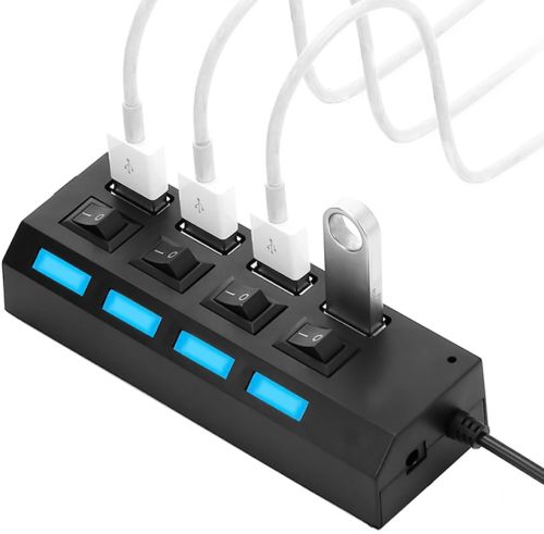 USB хаб Memos на 4 порти з перемикачами Black, живлення від USB 2.0 розгалужувач з кнопками on off концентратор перехідник HUB 480 Мбіт 5В Чорний