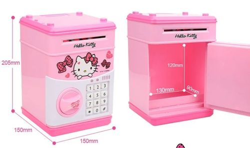 Детская электронная копилка сейф Hello Kitty с купюроприемником, электросейф для денег кодовым замком розовая
