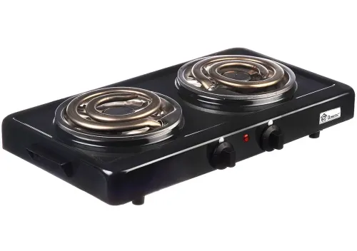 Настільна спіральна електрична плита на дві конфорки Domotec MS-5532 1000w, двоконфорочна електроплита з широкою спіраллю і термостатом Чорний
