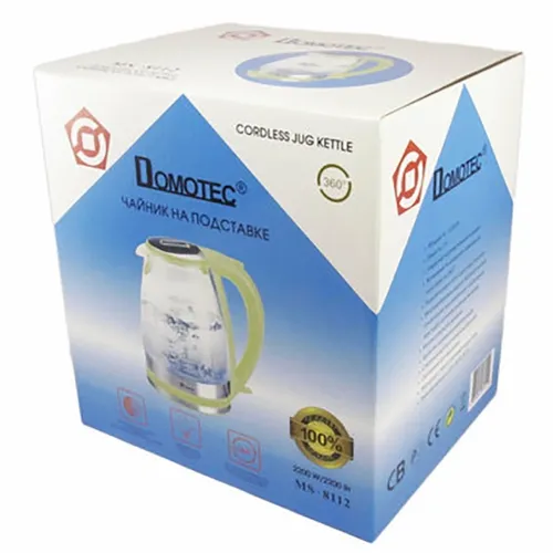 Скляний електрочайник Domotec MS-8112 Green 2200W 2.2 л, чайник електричний з кольоровою rgb підсвіткою