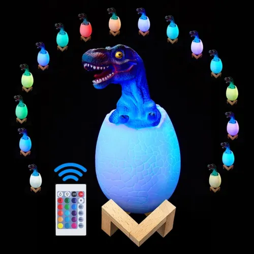 Дитячий настільний світильник Sunroz 3D Dinosaur lamp, Дитяча акумуляторна rgb лампа нічник динозавр в яйці на підставці 16 кольорів з пультом ДУ