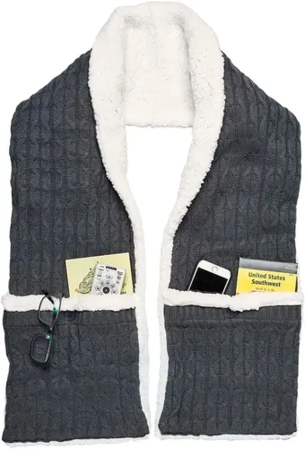 Зимняя двухсторонняя безрукавка шарф с карманами Huggle Pocket Scarf на флисе, Мягкий домашний плюшевый шарф жилетка на пуговицах Серый