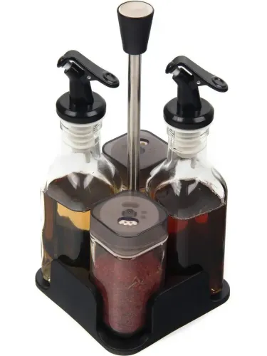 Набір кухонних ємностей Seasoning Bottle T221 - 3 для спецій, олії та оцту 4 ємності на підставці, Спецовница органайзер для зберігання приправ Чорний