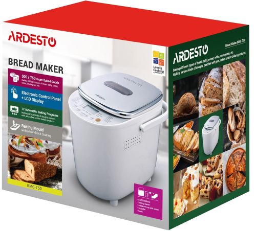 Електрична хлібопічка Ardesto BMG-750 500W для домашнього випікання хліба, хлібопічка з LCD дисплеєм 12 режимів до 750 грам від мережі 220V Біла