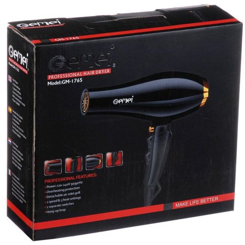 Професійний фен GEMEI GM-1765 2800w для сушіння і укладання волосся, електричний фен з холодним обдувом і концентратором 3 швидкості 2800Вт Чорний