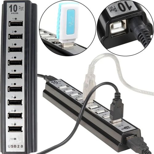 Активний USB хаб Digital YK-185 Black на 10 портів з активною зарядкою, Розгалужувач з блоком живлення Юсб Hub з 10 виходами для комп'ютера Чорний