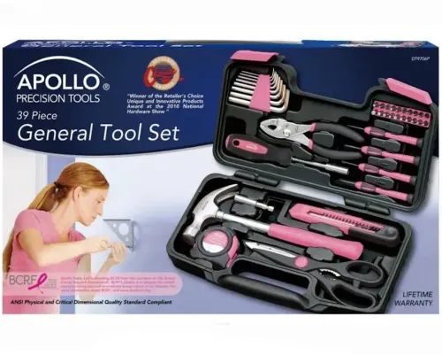 Жіночий набір інструментів Apollo Tools DT9706P 39 предметів, Універсальний комплект інструменту молоток викрутки плоскогубці плоскогубці ножиці ножиці біти Рожевий