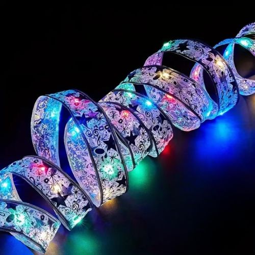 Світлодіодна гірлянда у вигляді стрічки LACESHINE RGB 5 метрів з малюнком сніжинок на батарейках, Новорічна стрічка 5м 50 LED діодів різнобарвна