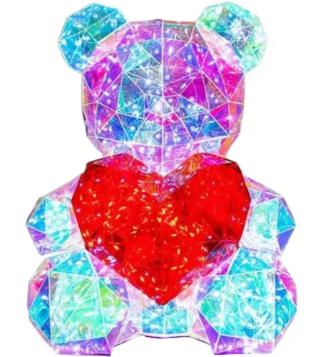 Хрустальный мишка Тедди с сердечком Love Bear Red 3D с LED подсветкой 25 см, Светодиодный голографический светильник медведь с сердцем от USB Красный