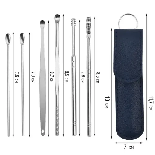 Косметологічний набір інструментів для чищення вух Tool Set 6 в 1 видалення вушної сірки нержавіюча сталь 6 шт, Ухочистка з футляром