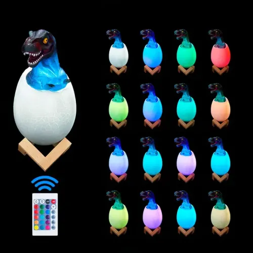 Дитячий настільний світильник Sunroz 3D Dinosaur lamp, Дитяча акумуляторна rgb лампа нічник динозавр в яйці на підставці 16 кольорів з пультом ДУ