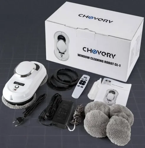 Акумуляторний робот для миття вікон Chovery CL-1 з пультом дистанційного керування і 4 насадками, Мийник вітрин і плитки від акб від мережі Білий