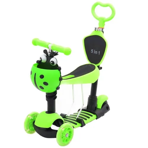 Триколісний дитячий самокат беговел Scooter FYS-2864 Green 5 в 1 зі складним сидінням, батьківською ручкою та колесами, що світяться, для дітей Зелений
