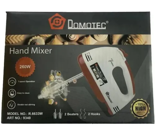 Ручний кухонний міксер Domotec R-6633W 260W для замішування і збивання тіста з 2 видами насадок, тістоміс Домотек R. 6633w 7 швидкостей від мережі
