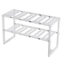 Багатофункціональна регульована кухонна Полиця стійка Kitchen Rack 38-70 см для зберігання посуду, розсувний органайзер під раковину 2 яруси Біла