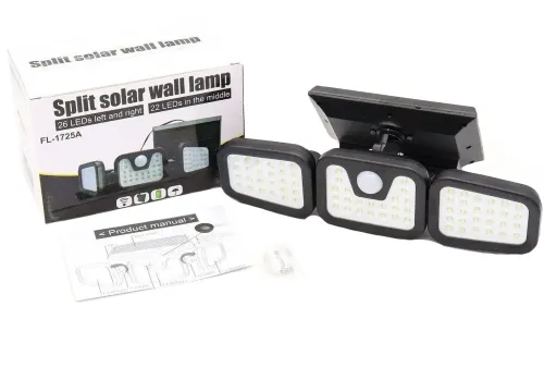 Вуличний потрійний ліхтар Split Solar Wall Lamp FL - 1725B на сонячній батареї з датчиком руху, Настінний акумуляторний вологозахищений світильник
