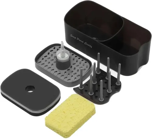 Натискний диспенсер органайзер Soap pump caddy для миючого засобу і кухонної губки 300мл, підставка для губок з мильницею дозатором Чорний