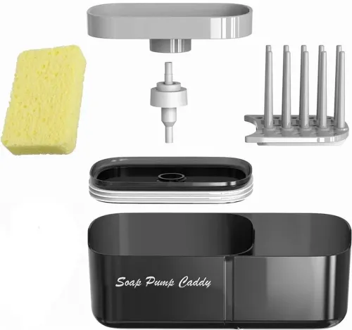 Натискний диспенсер органайзер Soap pump caddy для миючого засобу і кухонної губки 300мл, підставка для губок з мильницею дозатором Чорний