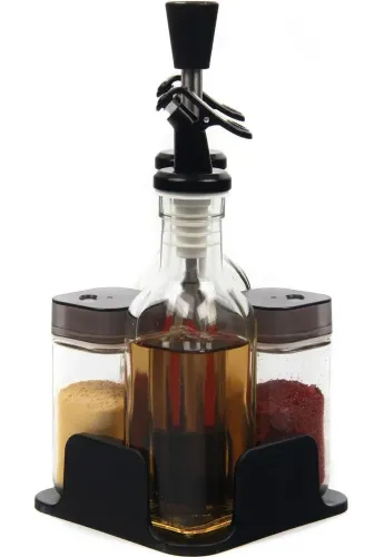 Набір кухонних ємностей Seasoning Bottle T221 - 3 для спецій, олії та оцту 4 ємності на підставці, Спецовница органайзер для зберігання приправ Чорний