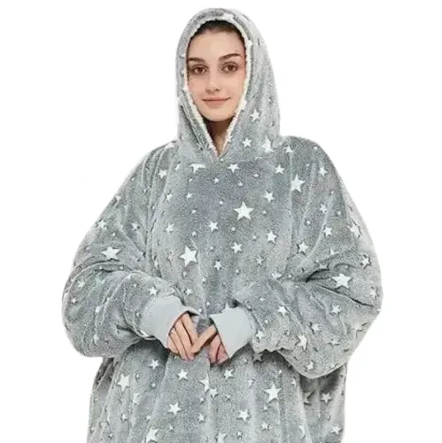 Світиться дорослий худі толстовка Huggle Hoodie Stars Dream сіра 2в1 унісекс оверсайз толстовка-плед з кишенею і капюшоном на флісі 126х180 Сірий