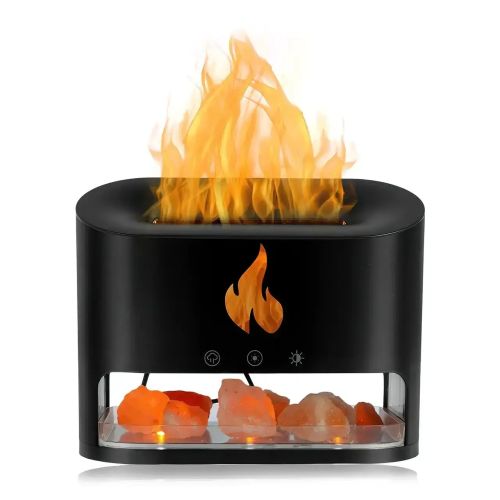 Настільний зволожувач повітря нічник з соляними каменями Docsal Flame Aroma Diffuser CAO з LED підсвічуванням 5W, соляна лампа аромадифузор Чорний