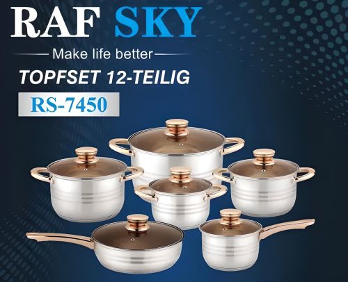 Набор 4 кастрюль RAF SKY RS7450 из нержавеющей стали, Кухонный комплект посуды на 12 предметов кастрюля, сковородка ковш с антипригарным покрытием