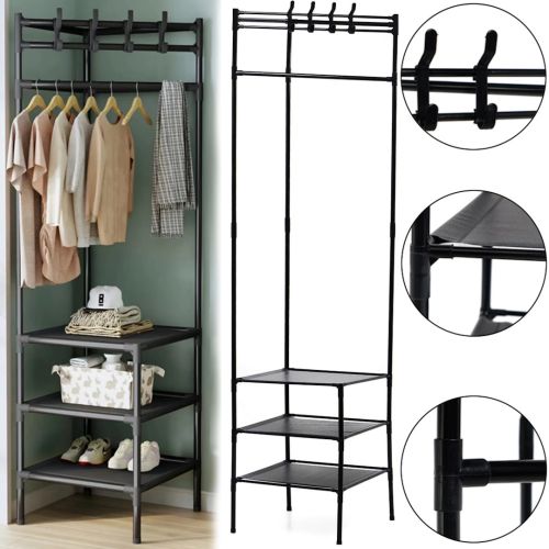 Кутова вішалка для одягу та взуття Corner Coat Rack YP301 вертикальна стійка з гачками TM2 - 202 для зберігання речей на три полиці 185х40 см TM3-303 Black