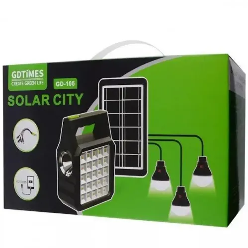 Автономна Сонячна зарядна станція Solar Gdlite GD-105 Power Bank з сонячною панеллю і 3 LED лампочки, Прожектор ліхтар з функцією повербанка