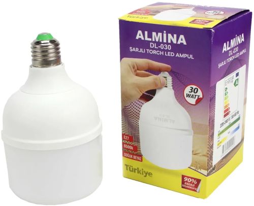 Аварийная аккумуляторная лампочка Almina DL-030 с цоколем E27 30W 6500K энергосберегающая светодиодная перезаряжаемая LED лампа 14.5Х8 см DL030