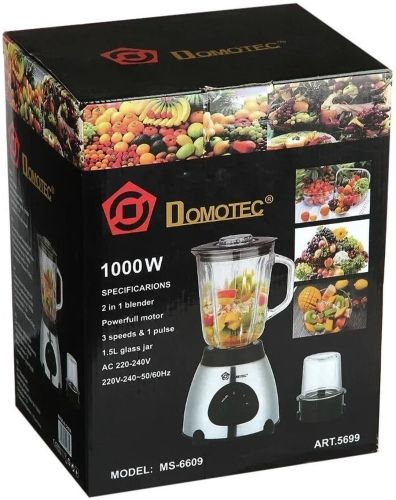 Кухонний блендер з чашею Domotec MS-6610 3 в 1 на 1.5 л 1000W стаціонарна кавомолка на 3 швидкості з подрібнювачем для кави і кришками Срібна