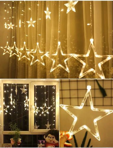 Внутренняя гирлянда штора Звезды Star Style теплый белый 2.5Х1 м 138 LED диодов WW, светодиодная гирлянда-занавес 12 звезд на окно 2.5мх1м 220V