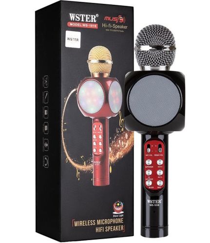 Бездротовий караоке мікрофон WSTER WS - 1816 Bluetooth USB AUX FM з вбудованою колонкою і 4 тембрами голосу на акумуляторі з динаміком Ws1816 Чорний