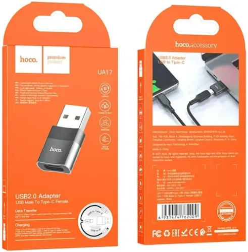 Универсальный переходник Hoco UA17 USB to Type-C с функцией зарядки и передачи данных до 480 Мбит/с, Адаптер Хоко юсб на USB-C 3A 60W Черный