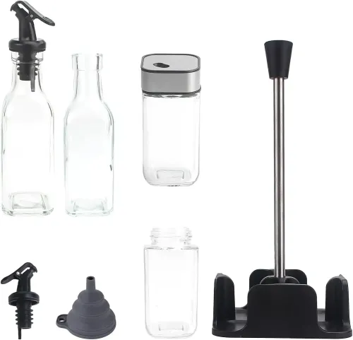 Набір кухонних ємностей Seasoning Bottle T221 - 3 для спецій, олії та оцту 4 ємності на підставці, Спецовница органайзер для зберігання приправ Чорний